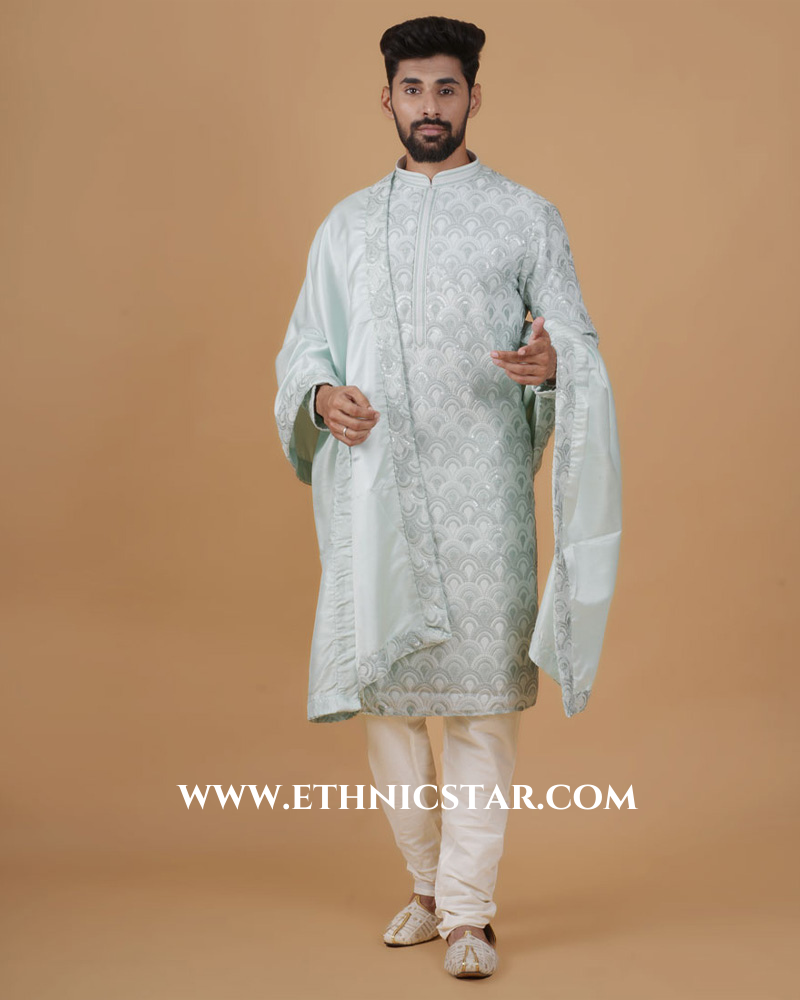 Thread Embroidered Pista Green Kurta Pajama With Dupatta